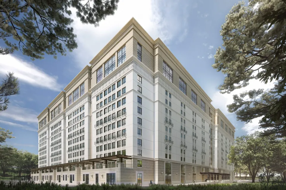 A rendering depicting the proposed design for Munger Hall on the campus of the University of California, Santa Barbara.